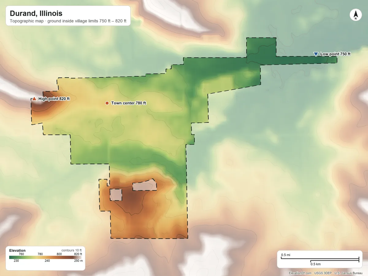 Topographic elevation map of Durand, Illinois, shaded from 750 ft on the east side to 820 ft on the west side
