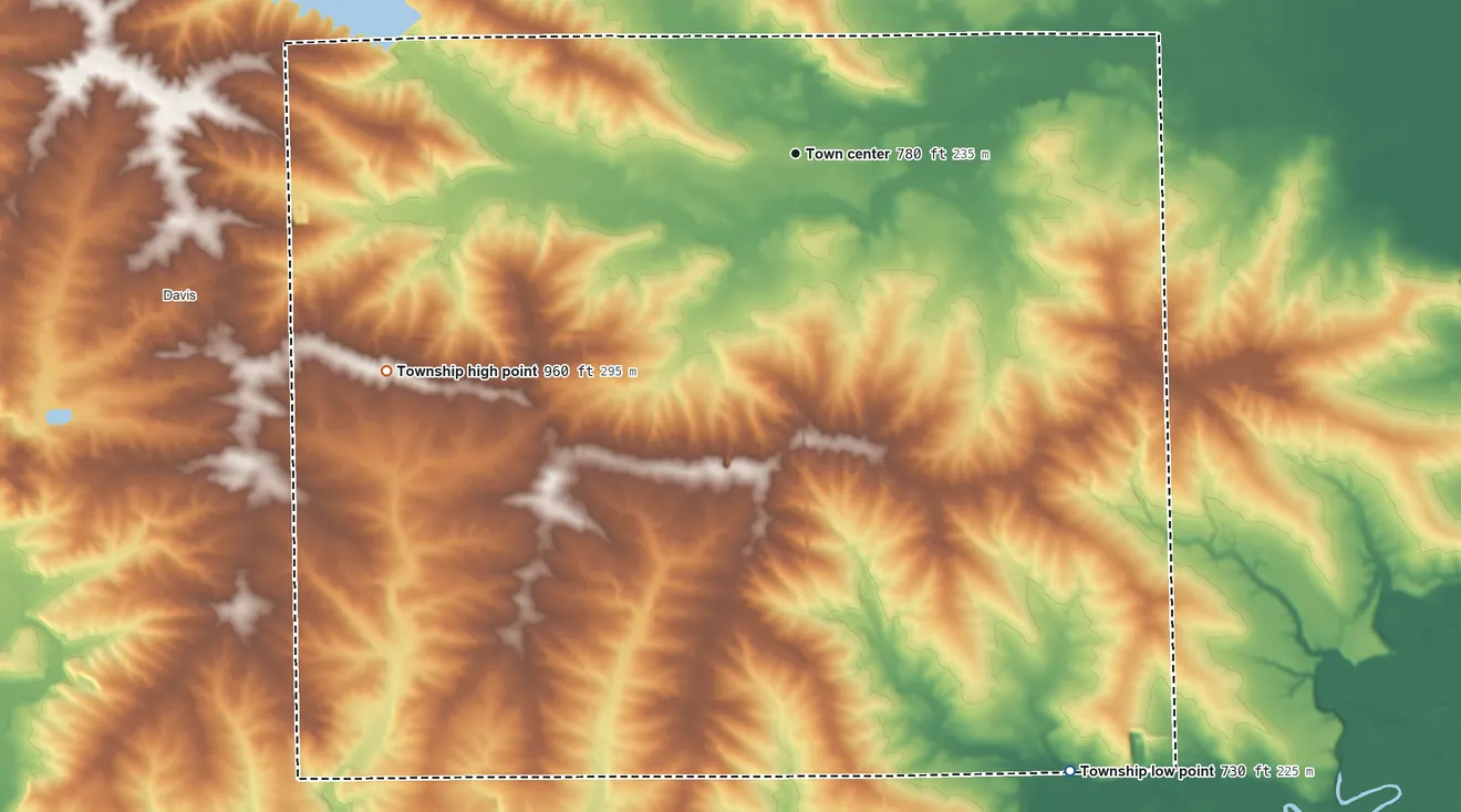 Topographic elevation map of Durand Township, Illinois, shaded from 730 ft on the southeast side to 960 ft on the southwest side