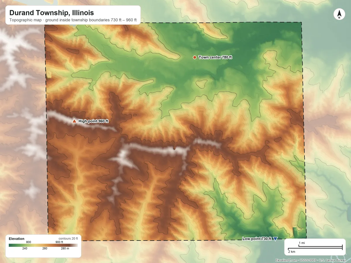 Topographic elevation map of Durand Township, Illinois, shaded from 730 ft on the southeast side to 960 ft on the southwest side