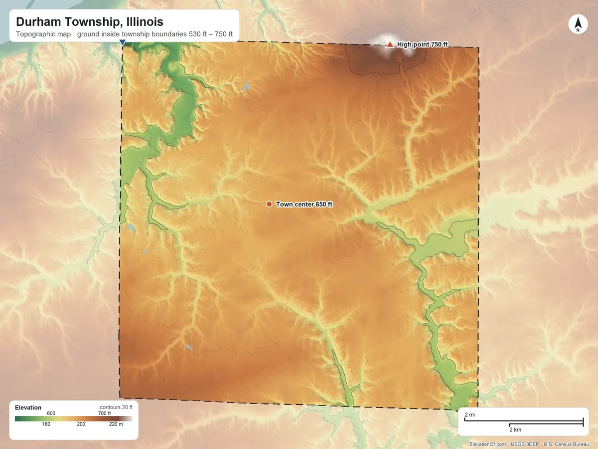 Topographic elevation map of Durham Township, Illinois, shaded from 530 ft on the northwest side to 750 ft on the northeast edge, below higher ground just outside