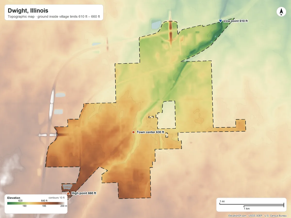 Topographic elevation map of Dwight, Illinois, shaded from 610 ft on the northeast side to 660 ft on the southwest side