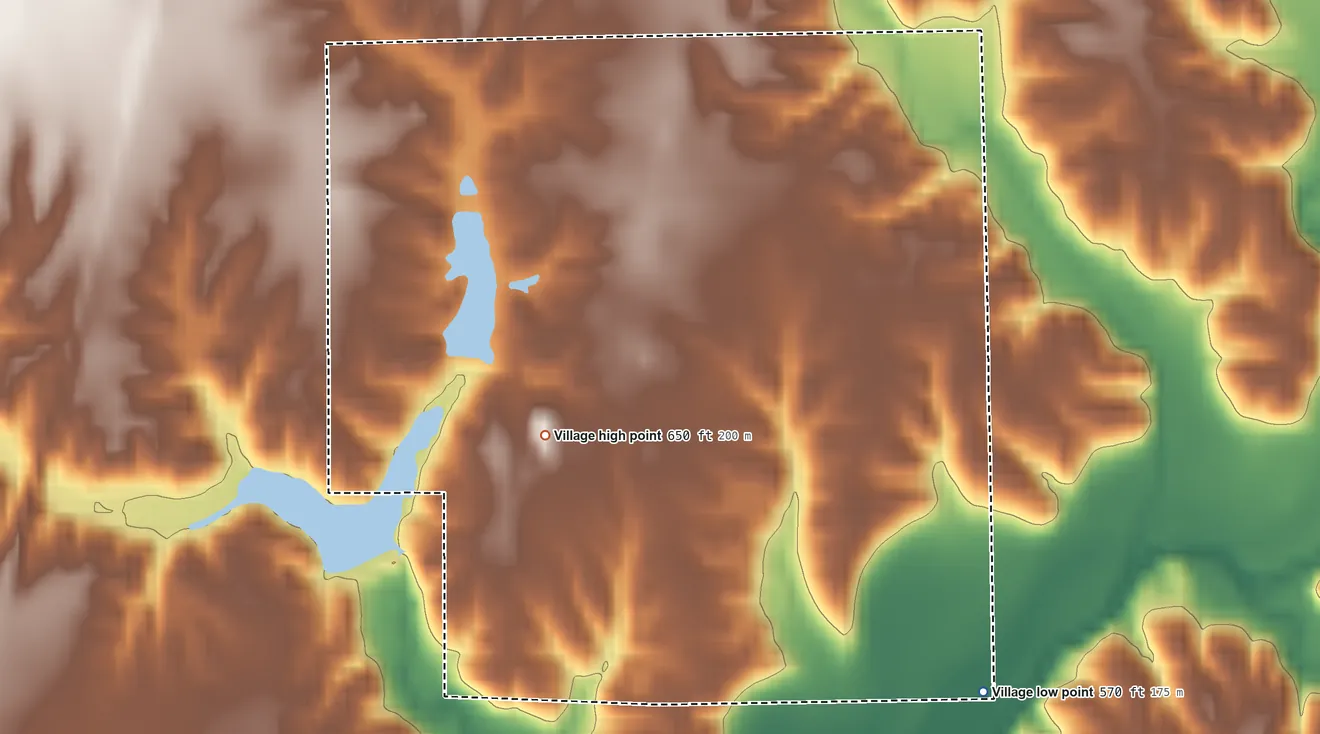 Topographic elevation map of Eagarville, Illinois, shaded from 570 ft on the southeast side to 650 ft on the west side