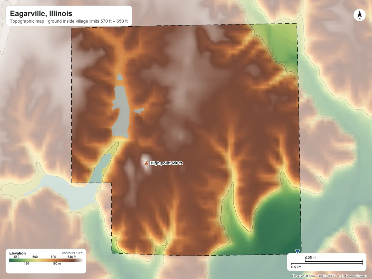 Topographic elevation map of Eagarville, Illinois, shaded from 570 ft on the southeast side to 650 ft on the west side