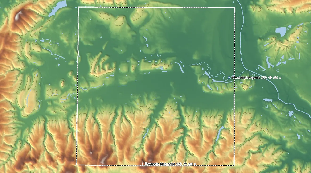 Topographic elevation map of Eagle Creek Township, Illinois, shaded from 330 ft on the northeast side to 920 ft on High Knob