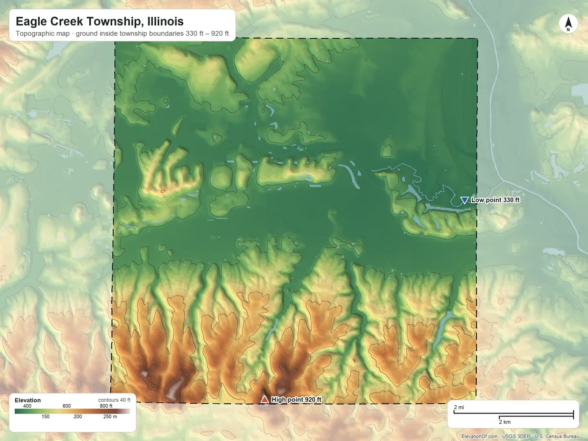 Topographic elevation map of Eagle Creek Township, Illinois, shaded from 330 ft on the northeast side to 920 ft on High Knob