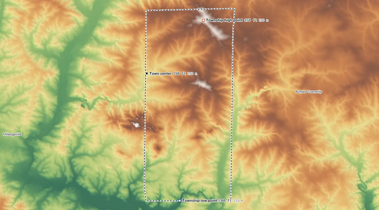 Topographic elevation map of Eagle Point Township, Illinois, shaded from 700 ft on the south side to 950 ft on the northeast side