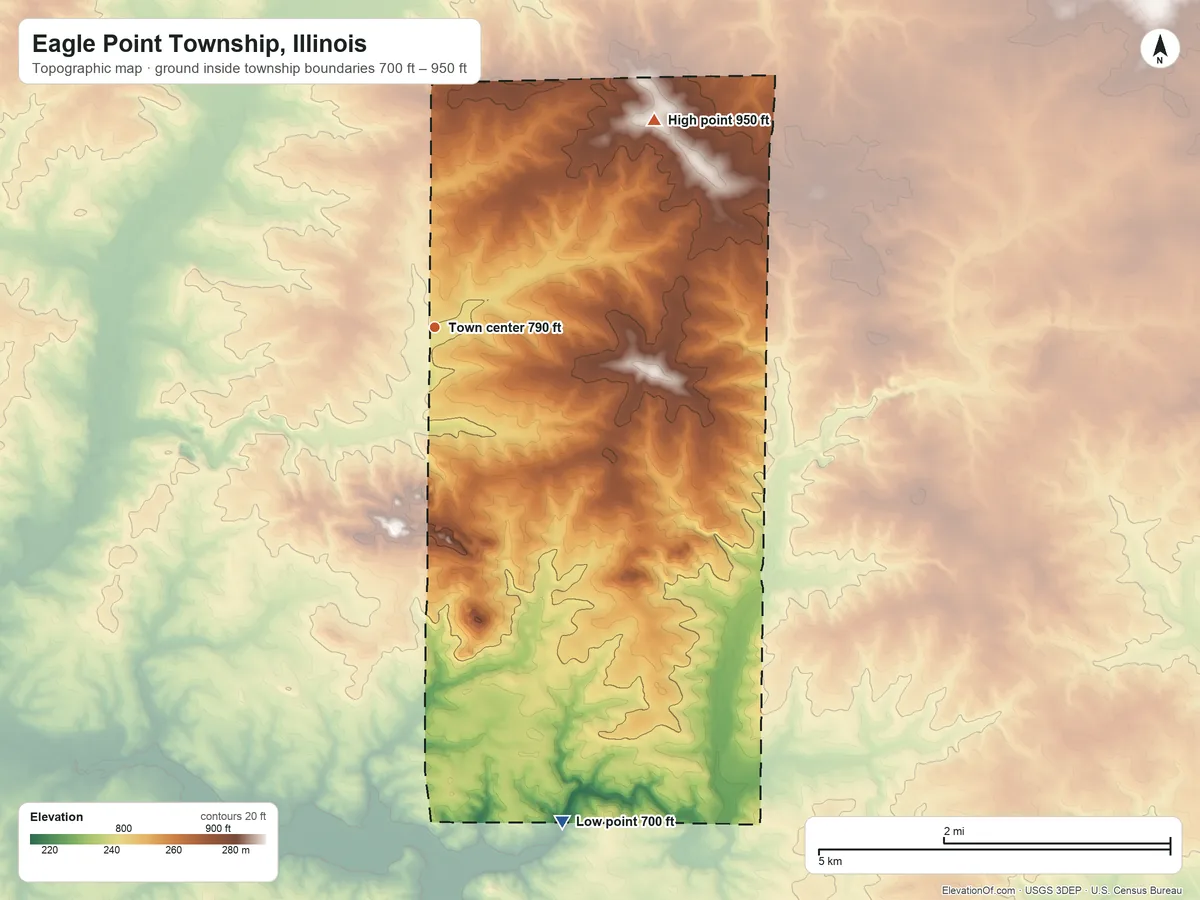 Topographic elevation map of Eagle Point Township, Illinois, shaded from 700 ft on the south side to 950 ft on the northeast side