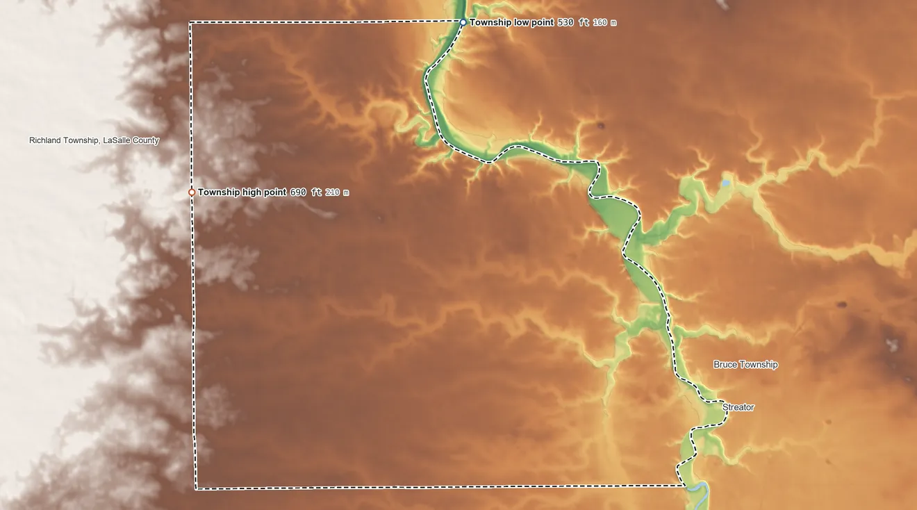 Topographic elevation map of Eagle Township, Illinois, shaded from 530 ft on the northwest side to 690 ft on the west side