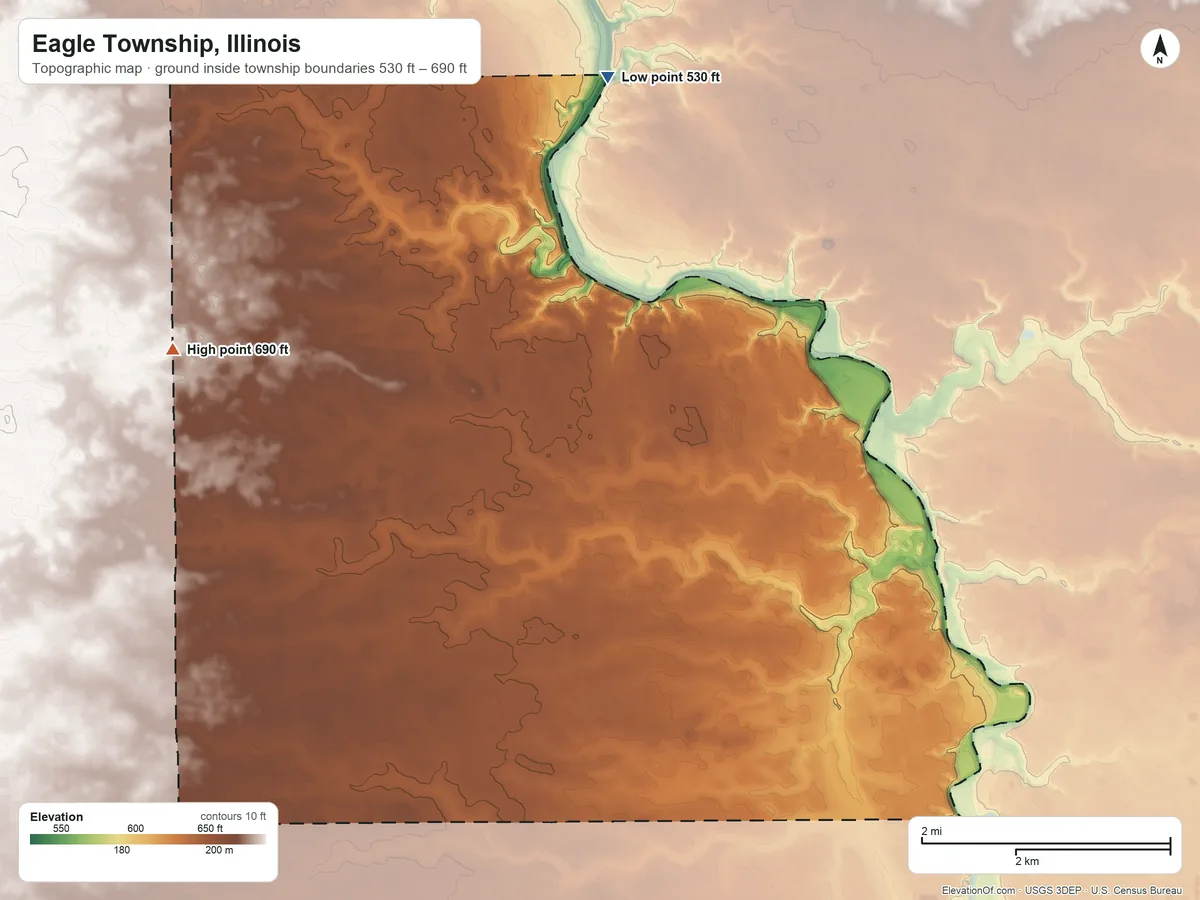 Topographic elevation map of Eagle Township, Illinois, shaded from 530 ft on the northwest side to 690 ft on the west side