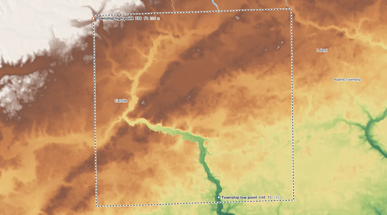 Topographic elevation map of Earl Township, Illinois, shaded from 640 ft on the southeast side to 730 ft on the northwest side