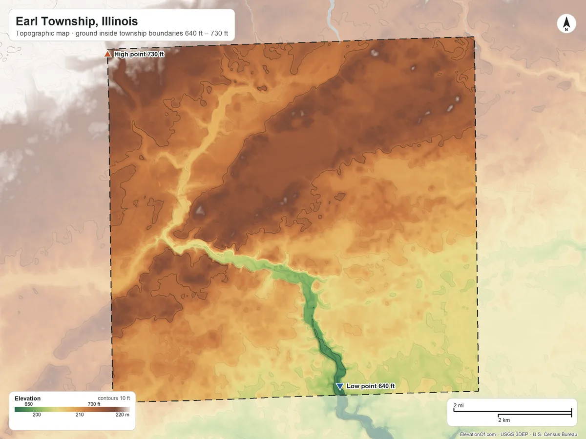 Topographic elevation map of Earl Township, Illinois, shaded from 640 ft on the southeast side to 730 ft on the northwest side