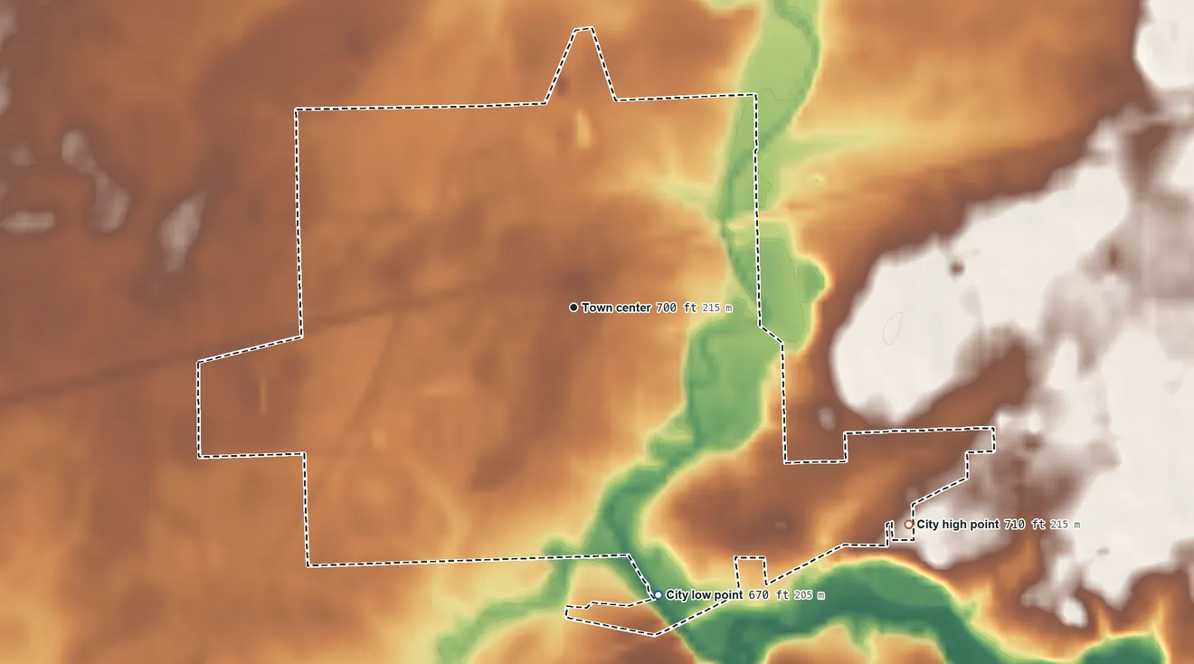 Topographic elevation map of Earlville, Illinois, shaded from 670 ft on the south side to 710 ft on the southeast side