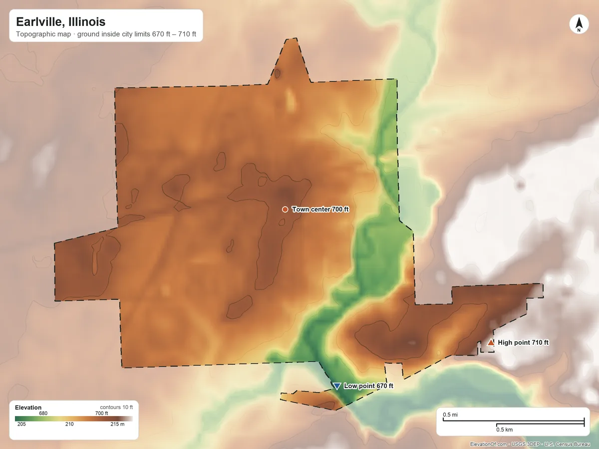 Topographic elevation map of Earlville, Illinois, shaded from 670 ft on the south side to 710 ft on the southeast side
