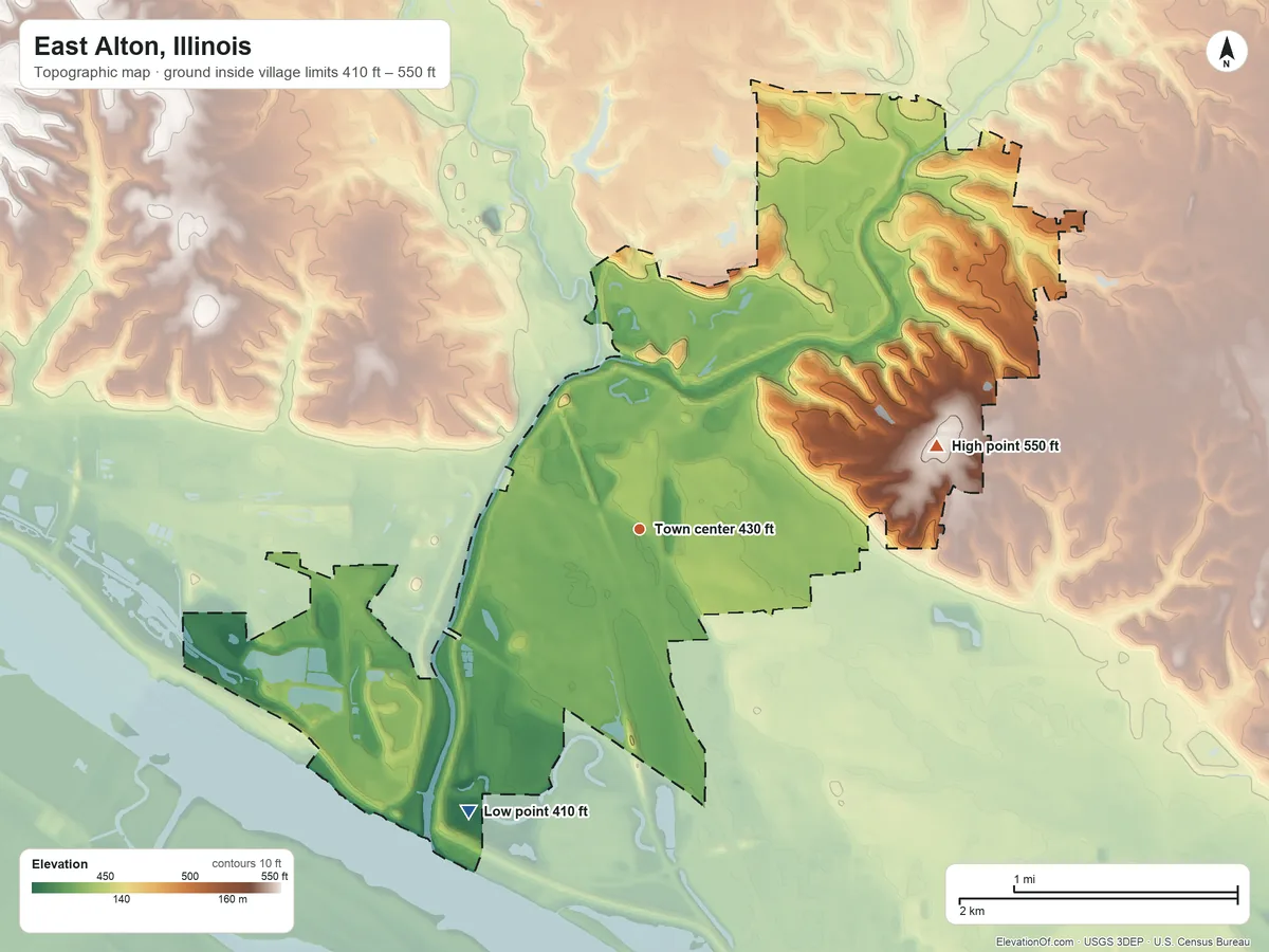 Topographic elevation map of East Alton, Illinois, shaded from 410 ft on the southwest side to 550 ft on the east side