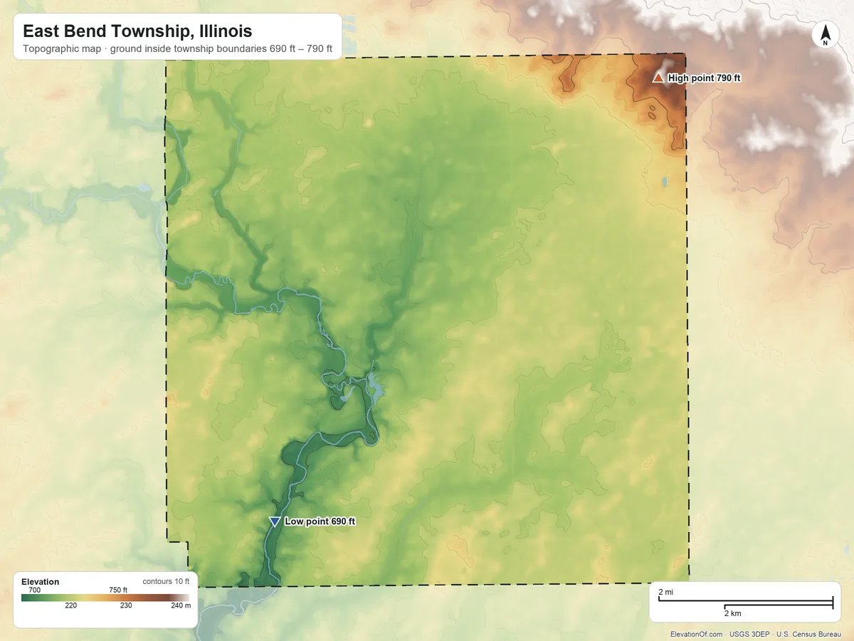 Topographic elevation map of East Bend Township, Illinois, shaded from 690 ft on the southwest side to 790 ft on the northeast side