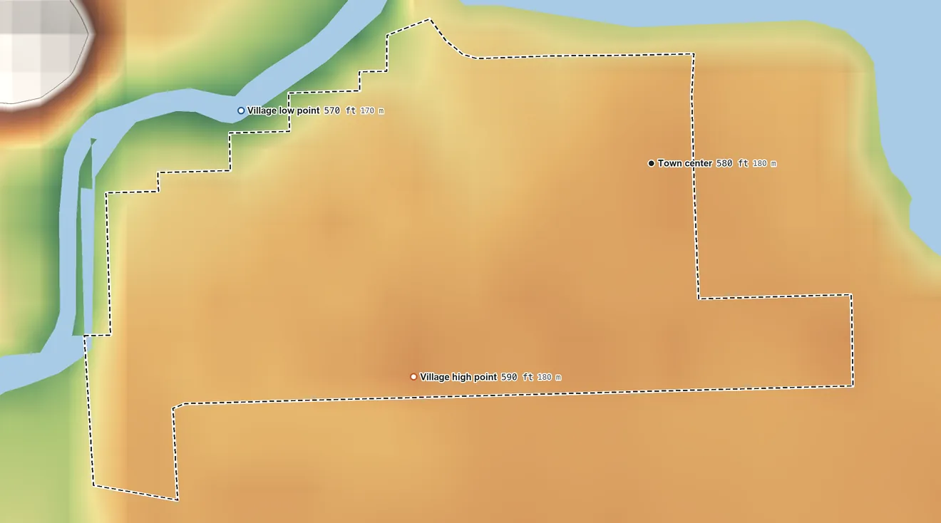Topographic elevation map of East Brooklyn, Illinois, shaded from 570 ft on the west side to 590 ft on the southwest side