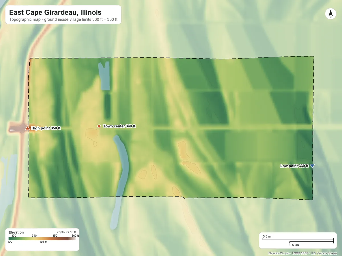 Topographic elevation map of East Cape Girardeau, Illinois, shaded from 330 ft on the east side to 350 ft on the west side