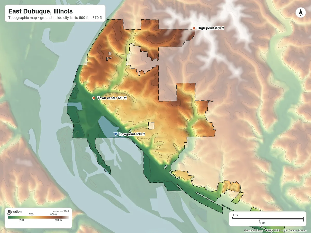 Topographic elevation map of East Dubuque, Illinois, shaded from 590 ft on the southeast side to 870 ft on the northeast side