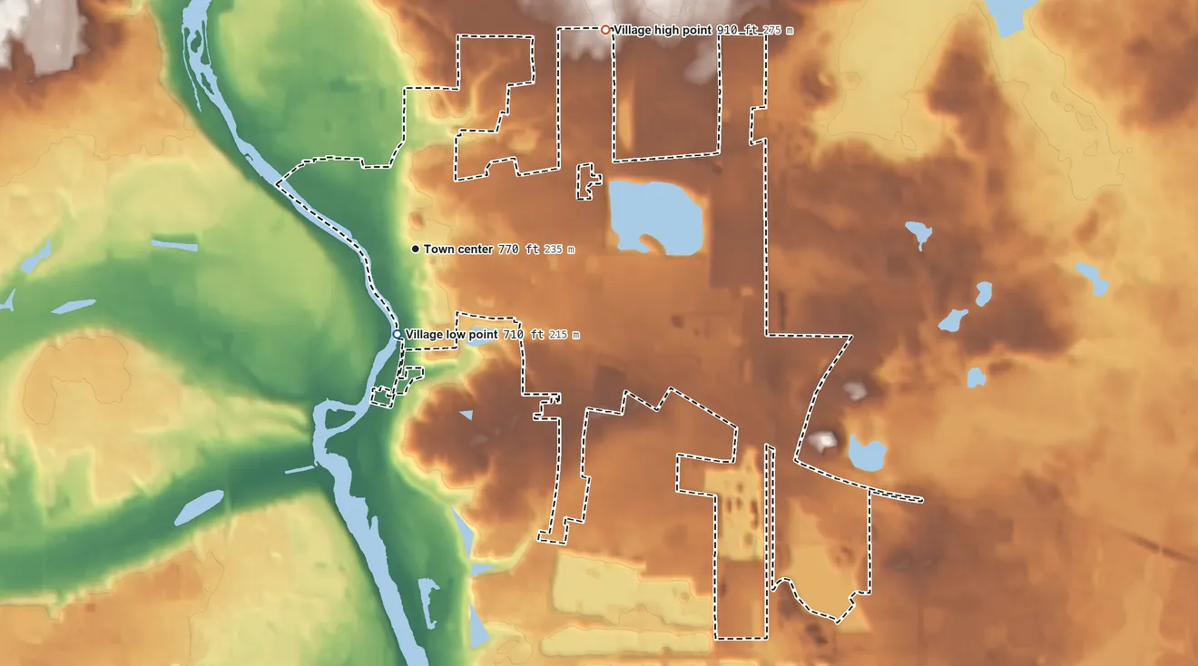 Topographic elevation map of East Dundee, Illinois, shaded from 710 ft near the middle to 910 ft on the northeast side
