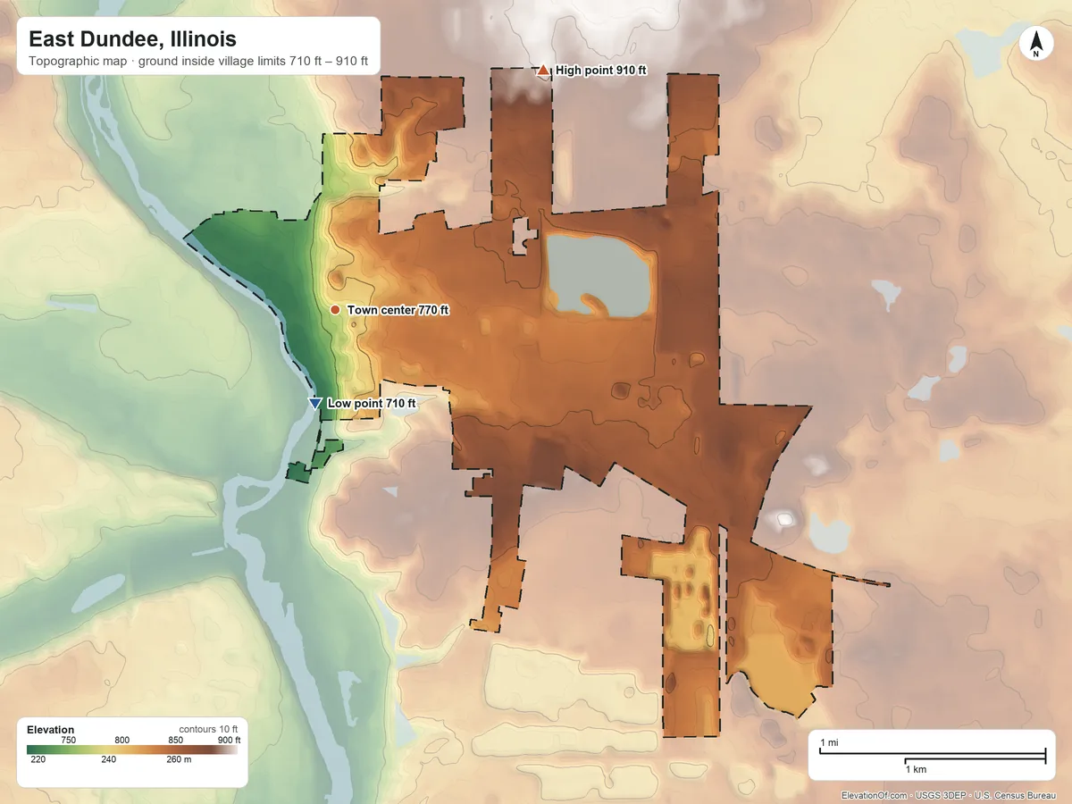Topographic elevation map of East Dundee, Illinois, shaded from 710 ft near the middle to 910 ft on the northeast side