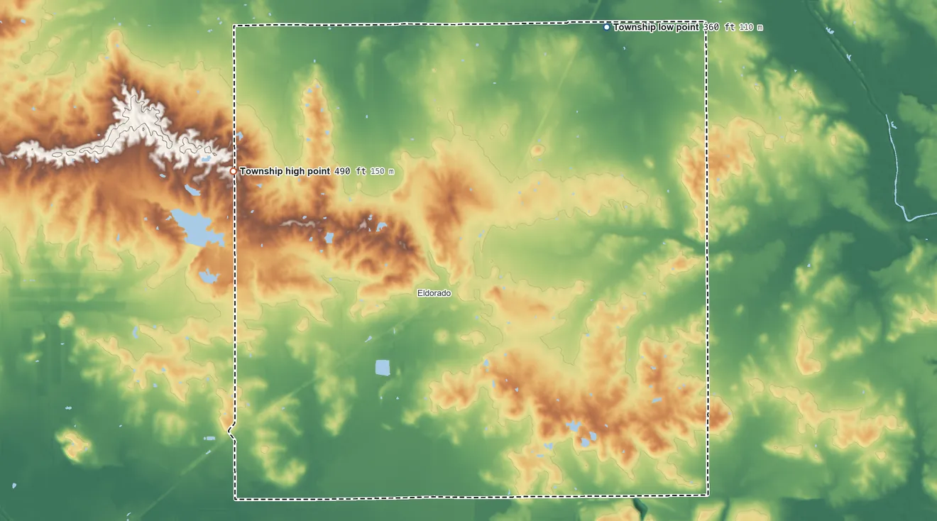 Topographic elevation map of East Eldorado Township, Illinois, shaded from 360 ft on the northeast side to 490 ft on the northwest side