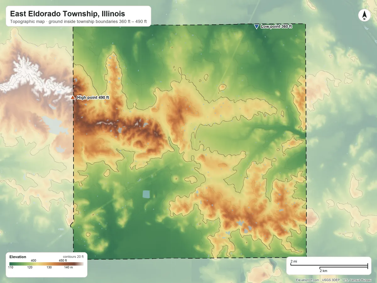 Topographic elevation map of East Eldorado Township, Illinois, shaded from 360 ft on the northeast side to 490 ft on the northwest side