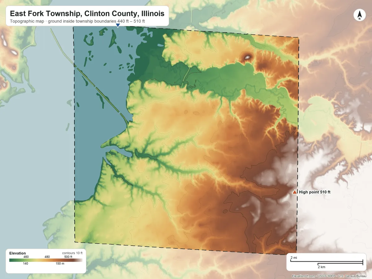 Topographic elevation map of East Fork Township, Clinton County, Illinois, shaded from 440 ft on the north side to 510 ft on the east side