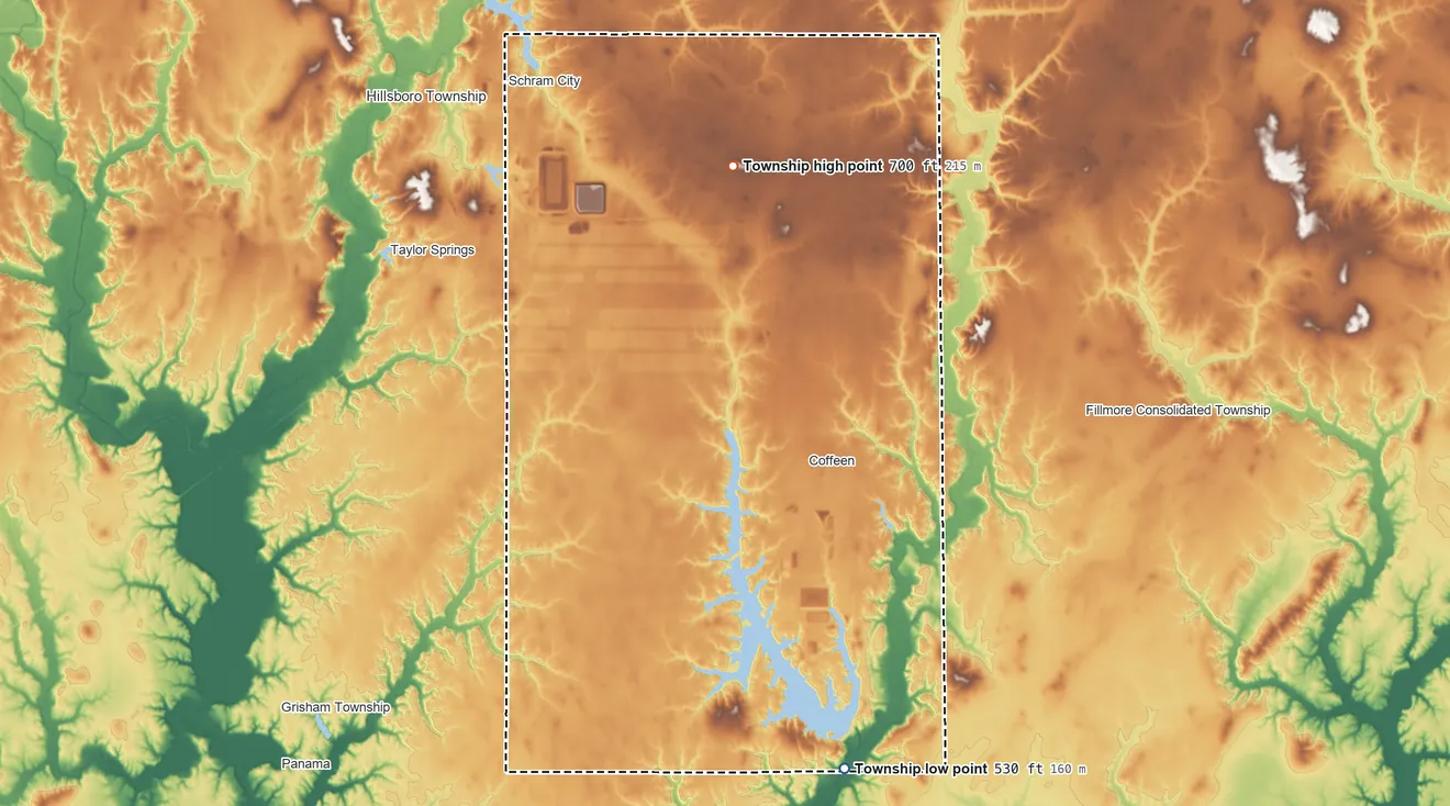 Topographic elevation map of East Fork Township, Illinois, shaded from 530 ft on the south side to 700 ft on the north side