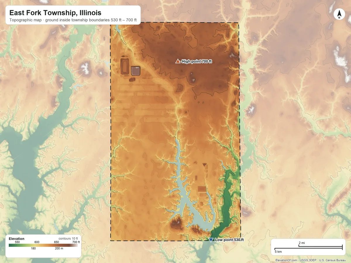 Topographic elevation map of East Fork Township, Illinois, shaded from 530 ft on the south side to 700 ft on the north side