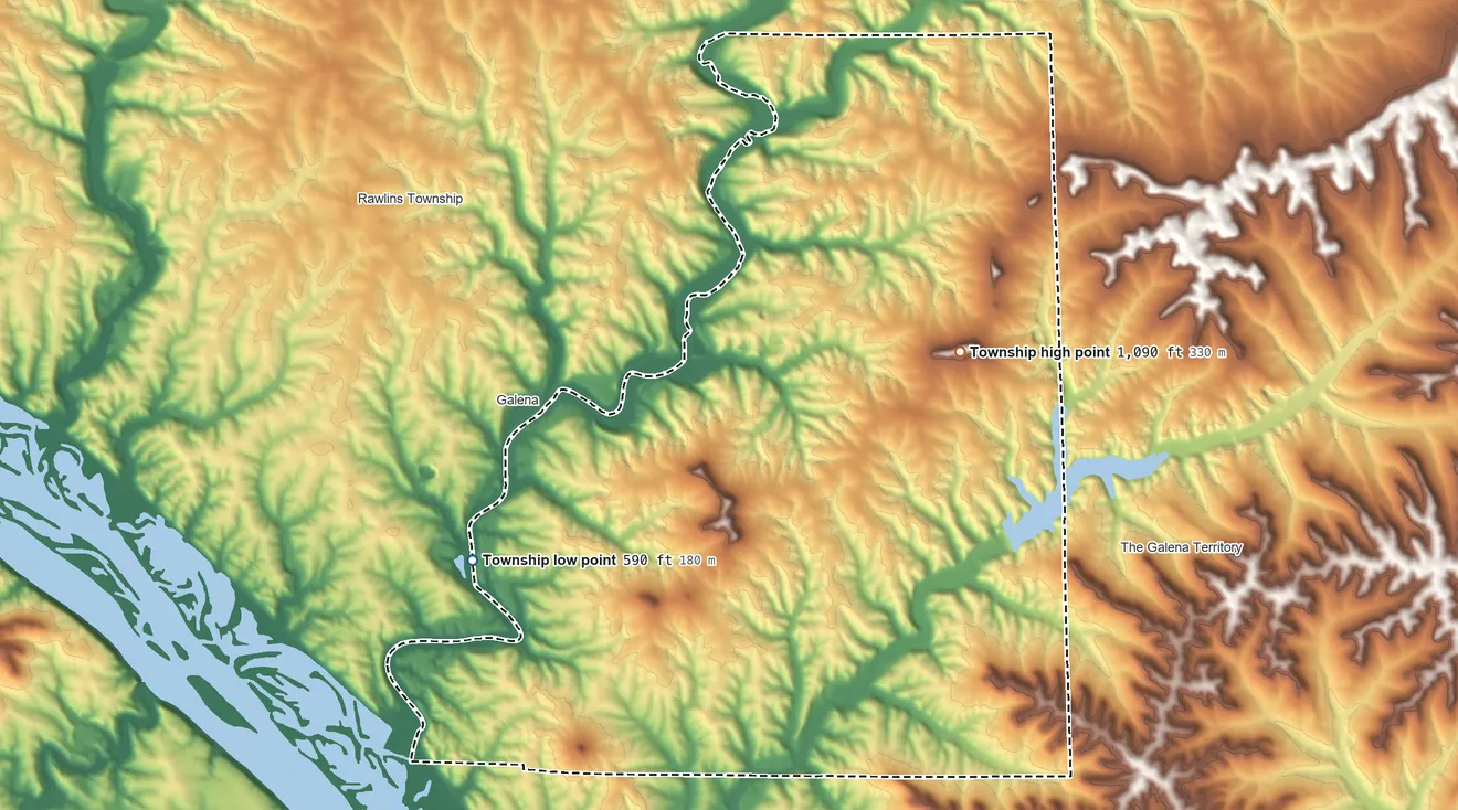 Topographic elevation map of East Galena Township, Illinois, shaded from 590 ft on the west side to 1,090 ft on the northeast side