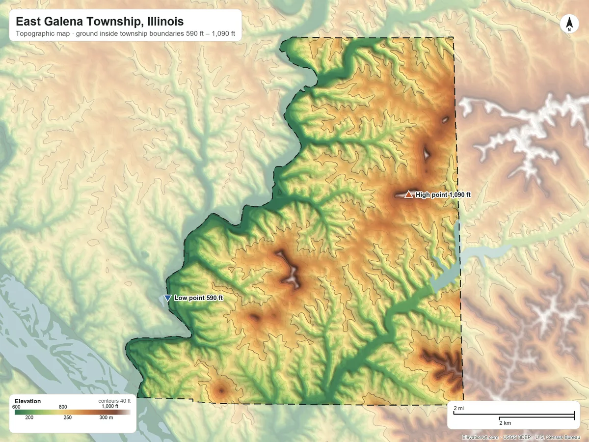 Topographic elevation map of East Galena Township, Illinois, shaded from 590 ft on the west side to 1,090 ft on the northeast side