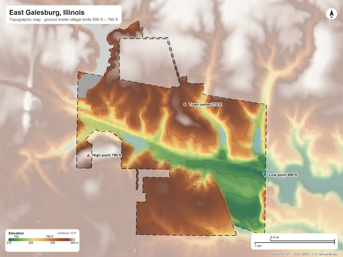 Topographic elevation map of East Galesburg, Illinois, shaded from 690 ft on the southeast side to 790 ft on the southwest side