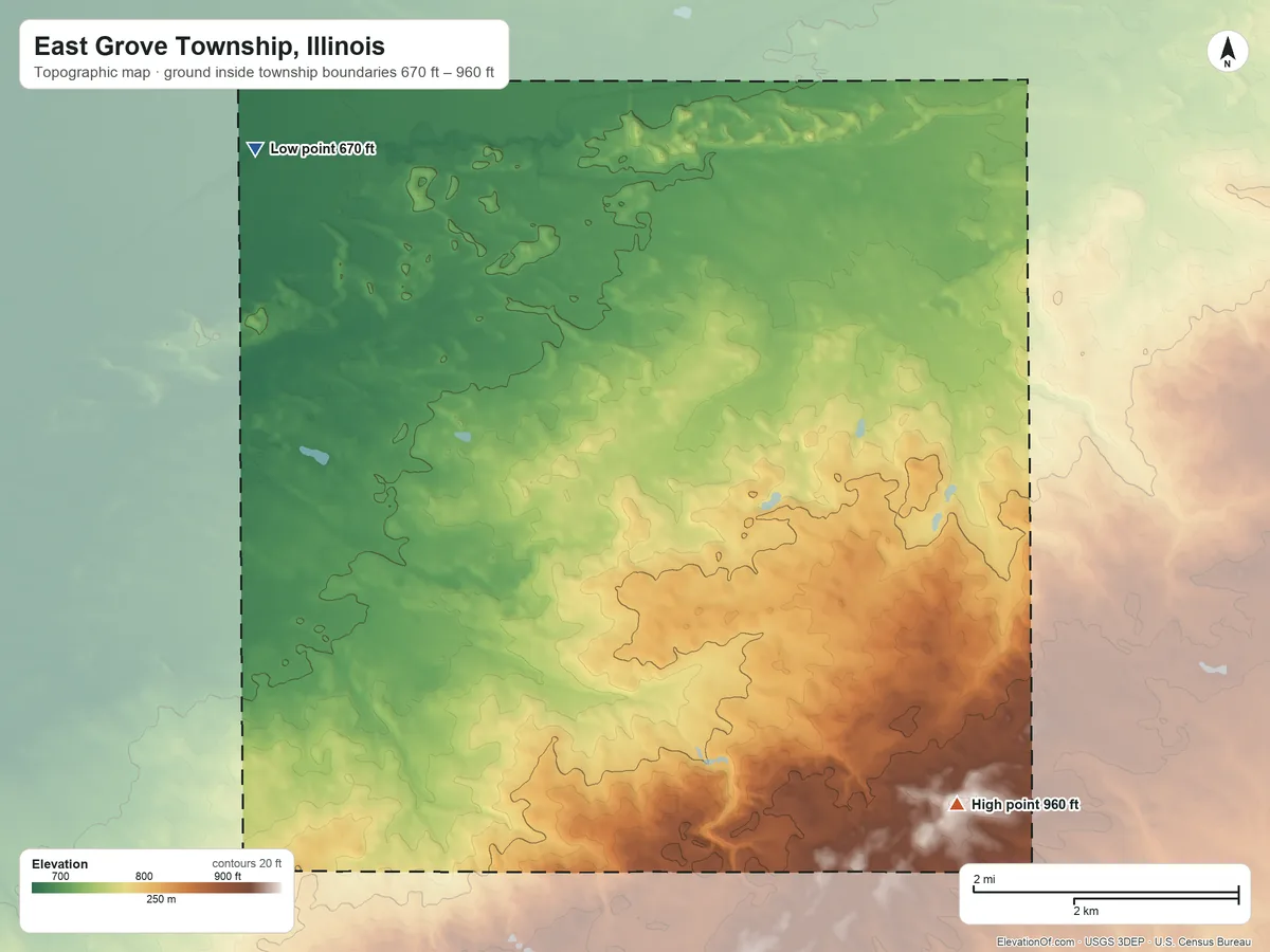 Topographic elevation map of East Grove Township, Illinois, shaded from 670 ft on the northwest side to 960 ft on the southeast side