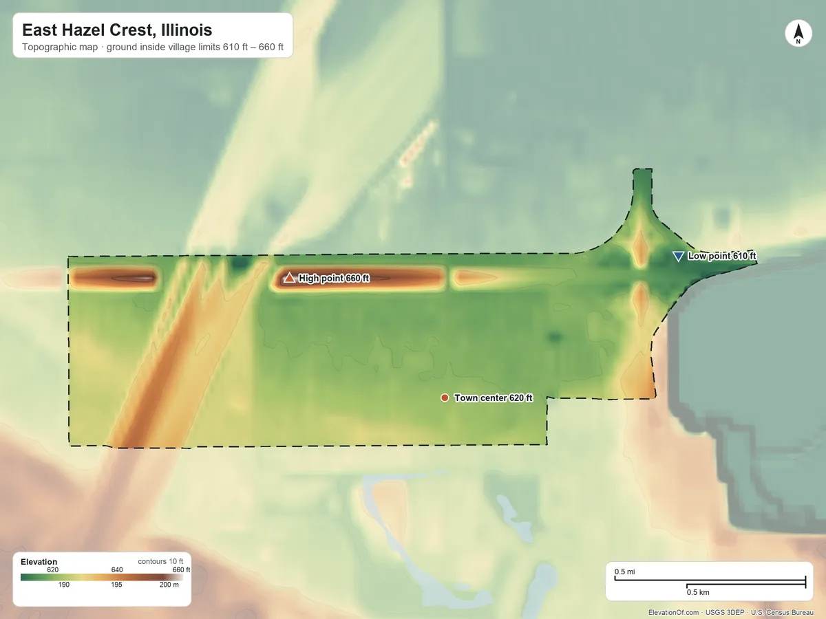 Topographic elevation map of East Hazel Crest, Illinois, shaded from 610 ft on the northeast side to 660 ft on the northwest side