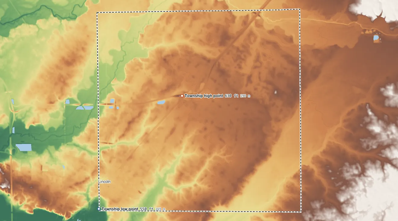 Topographic elevation map of East Lincoln Township, Illinois, shaded from 550 ft on the southwest side to 630 ft on the northeast side