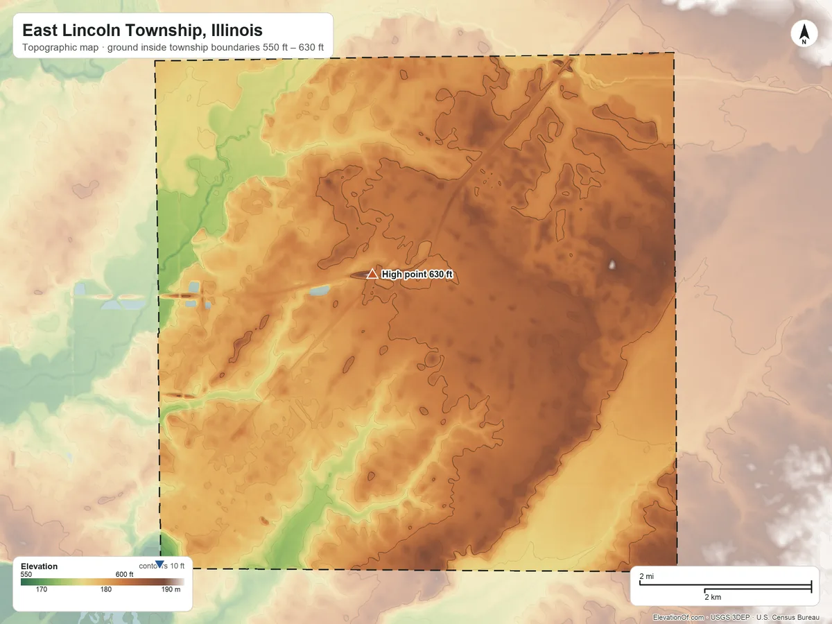 Topographic elevation map of East Lincoln Township, Illinois, shaded from 550 ft on the southwest side to 630 ft on the northeast side
