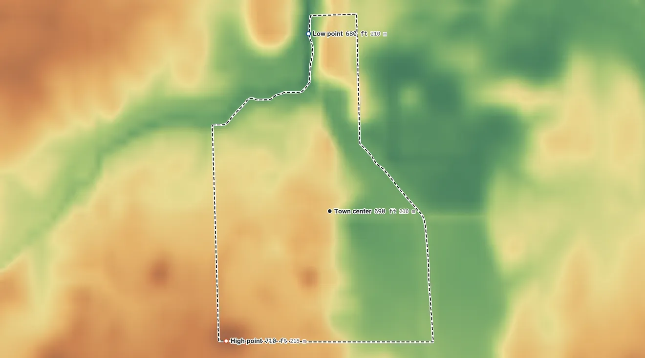 Topographic elevation map of East Lynn, Illinois, shaded from 680 ft on the north side to 710 ft on the southwest side