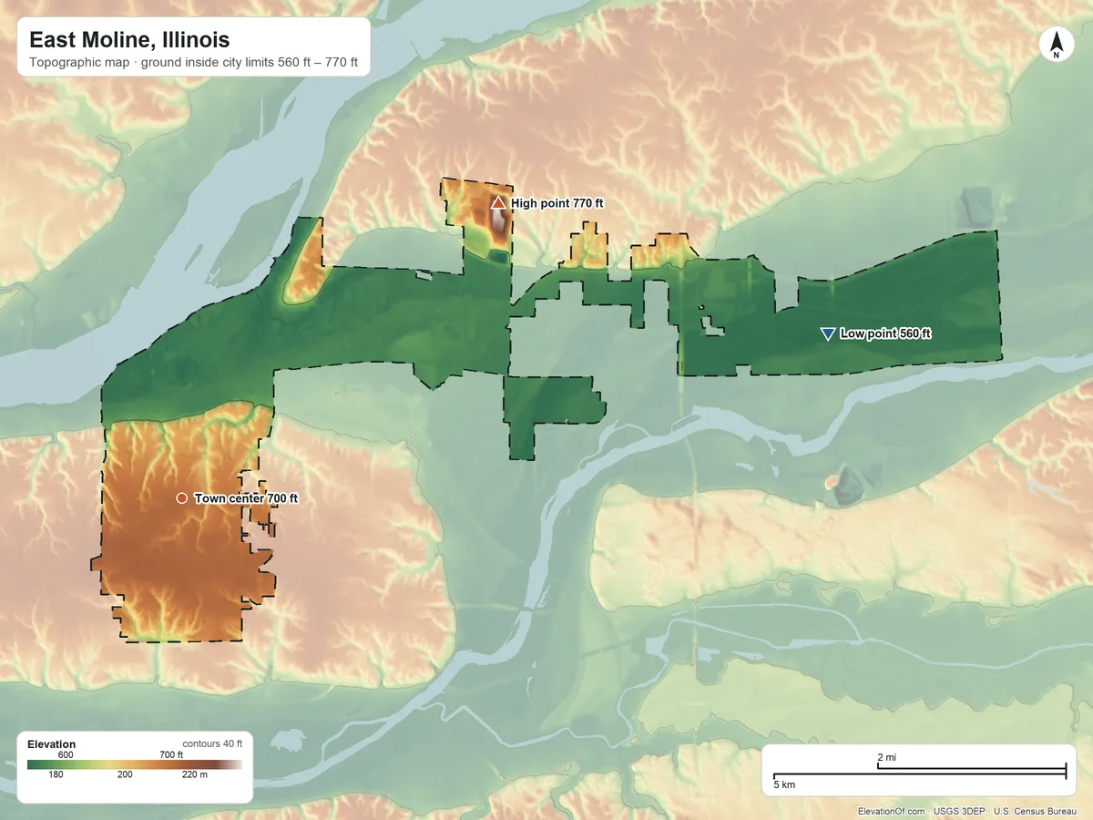 Topographic elevation map of East Moline, Illinois, shaded from 560 ft on the east side to 770 ft on the northeast side