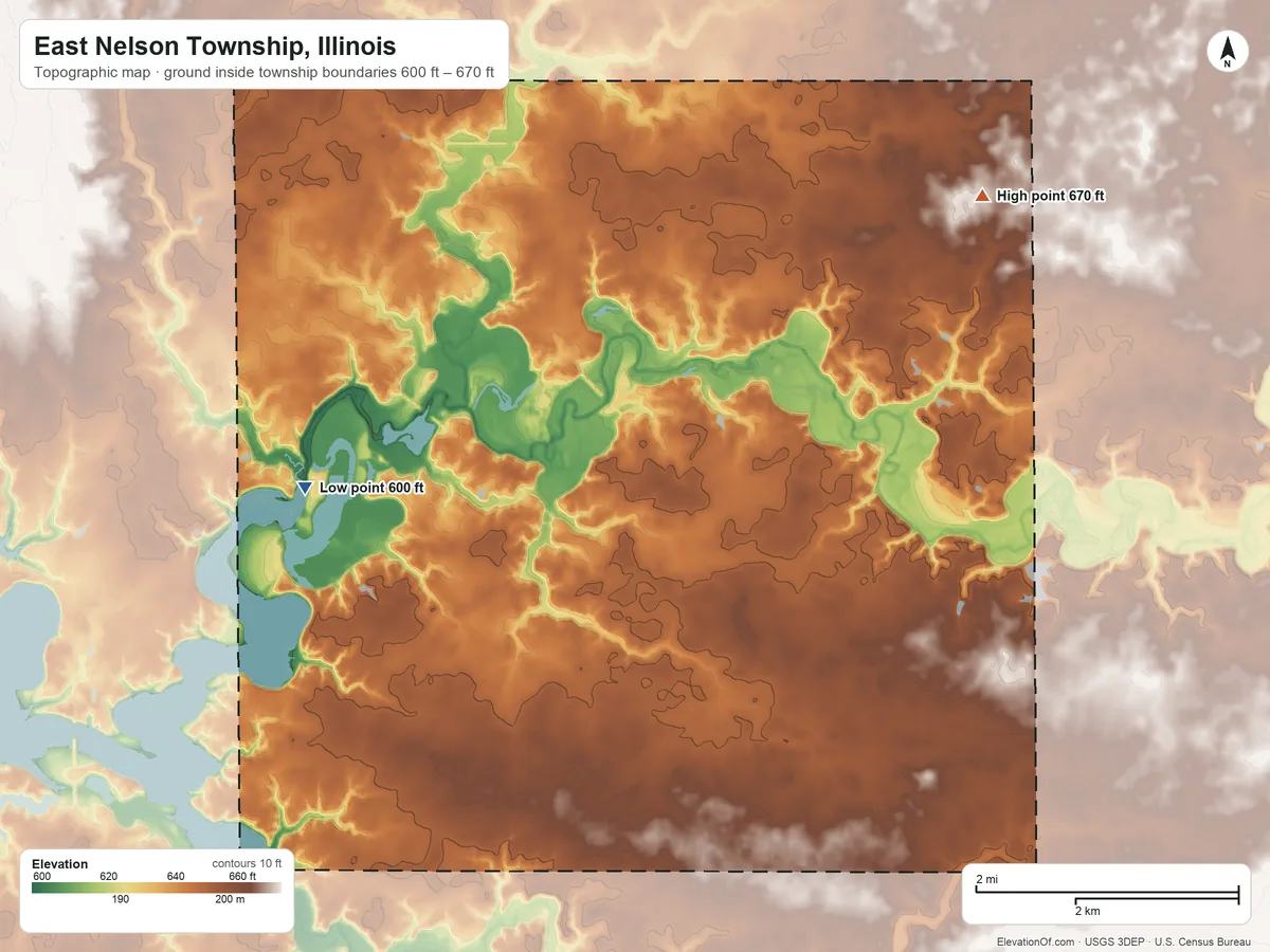 Topographic elevation map of East Nelson Township, Illinois, shaded from 600 ft on the southwest side to 670 ft on the east side