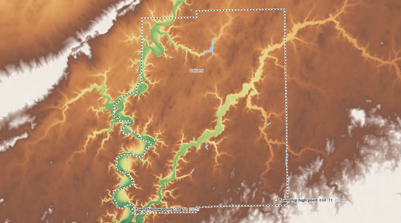 Topographic elevation map of East Oakland Township, Illinois, shaded from 590 ft on the southwest side to 690 ft on the southeast side