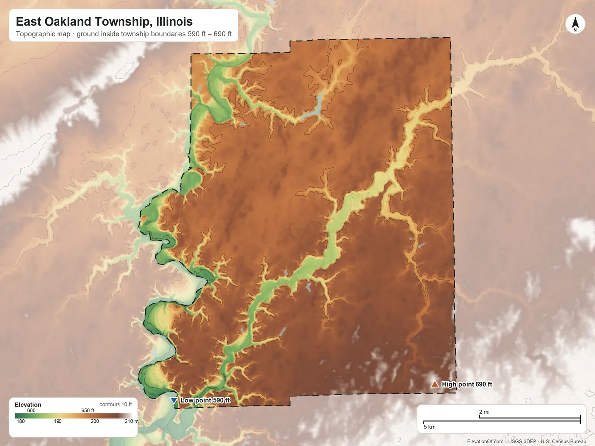 Topographic elevation map of East Oakland Township, Illinois, shaded from 590 ft on the southwest side to 690 ft on the southeast side