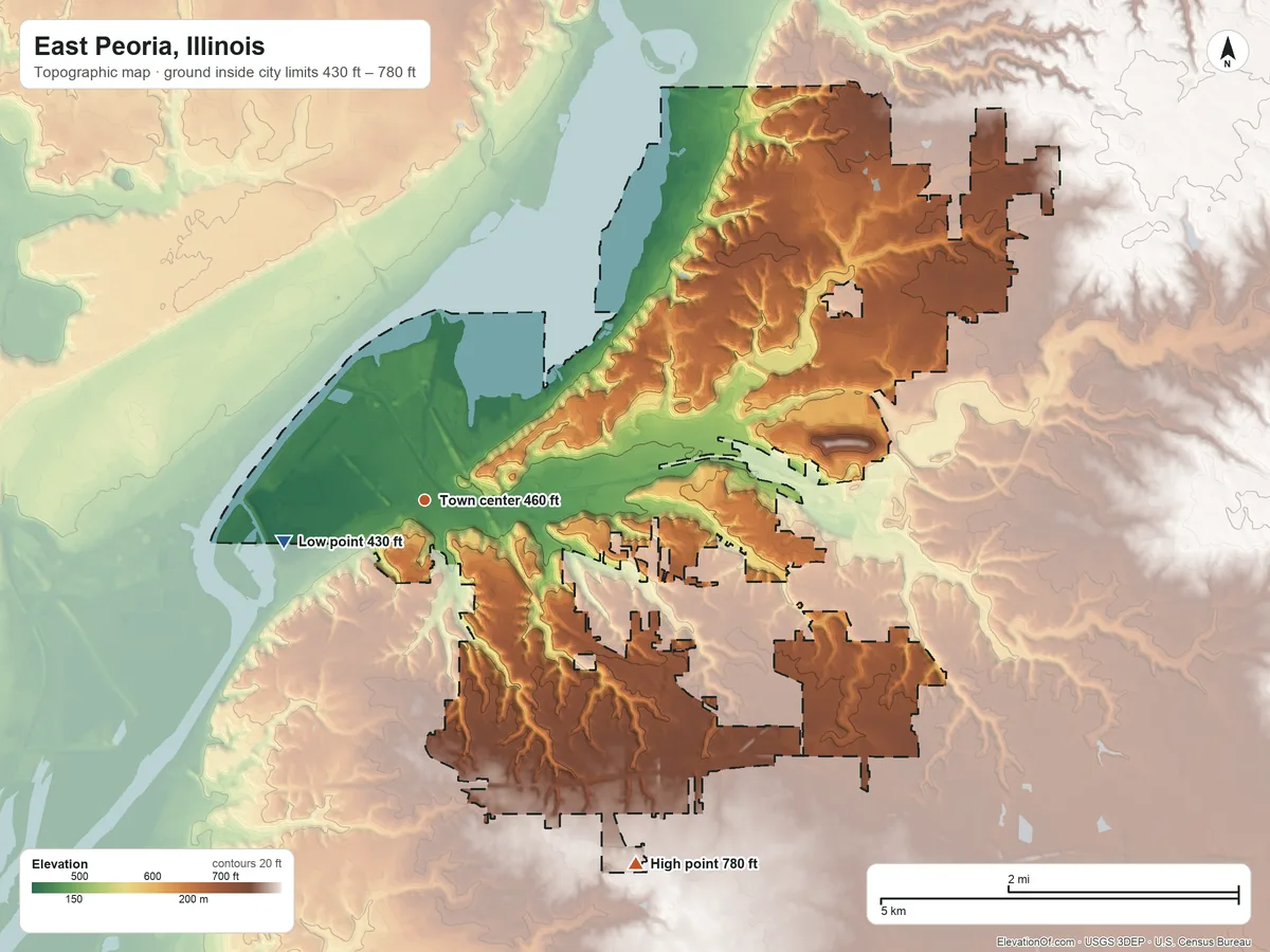 Topographic elevation map of East Peoria, Illinois, shaded from 430 ft on the west side to 780 ft on the southeast side