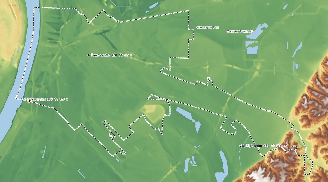 Topographic elevation map of East St. Louis, Illinois, shaded from 390 ft on the southwest side to 600 ft on the southeast side