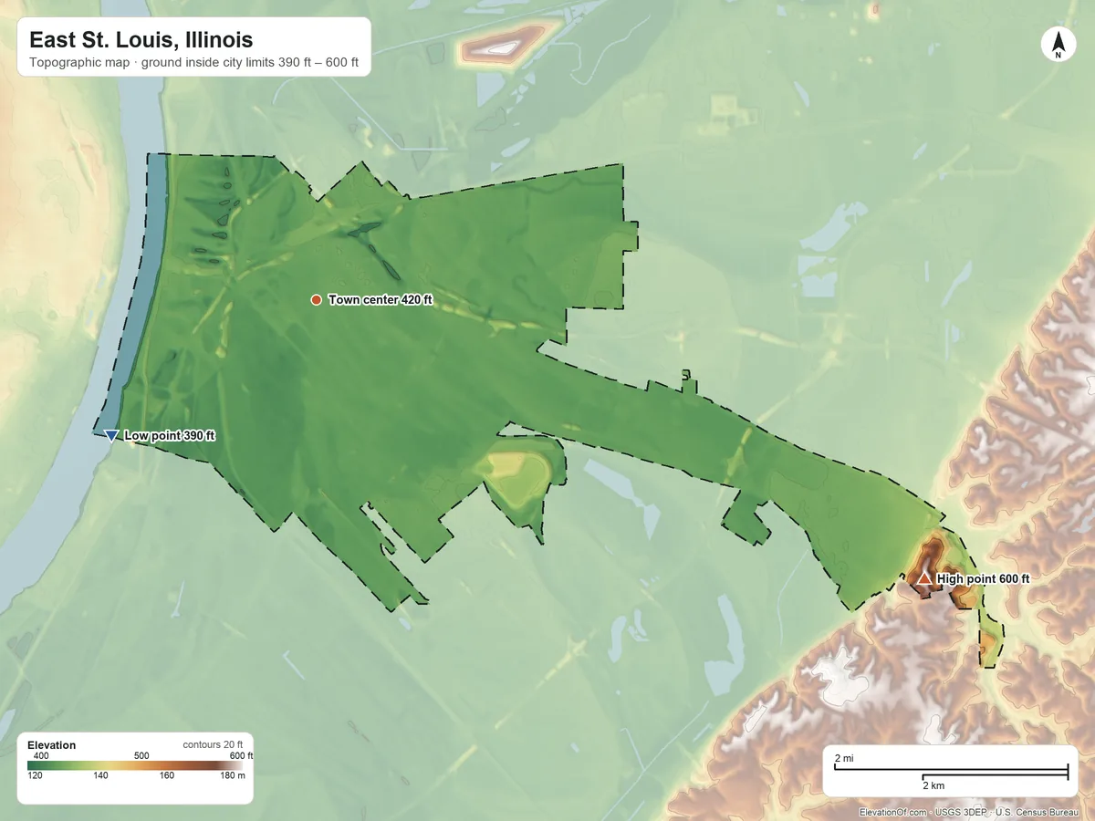 Topographic elevation map of East St. Louis, Illinois, shaded from 390 ft on the southwest side to 600 ft on the southeast side