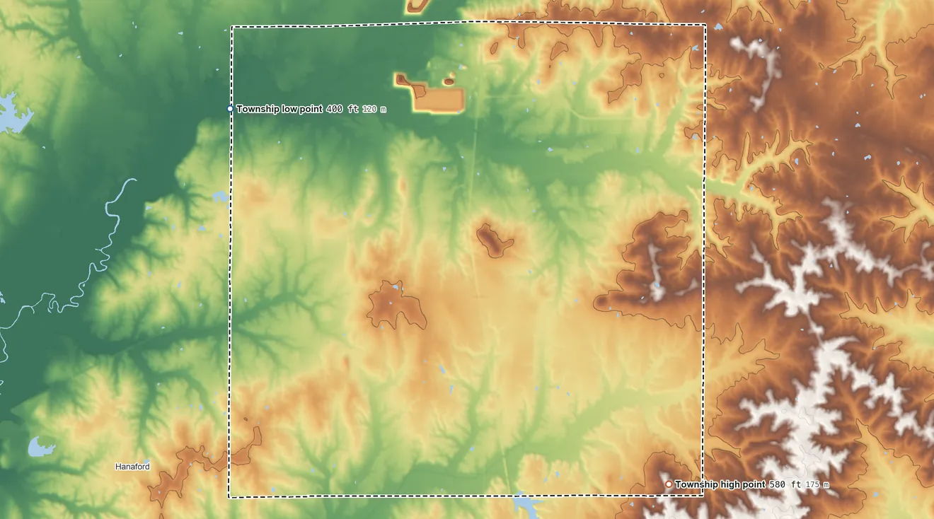 Topographic elevation map of Eastern Township, Illinois, shaded from 400 ft on the northwest side to 580 ft on the southeast side