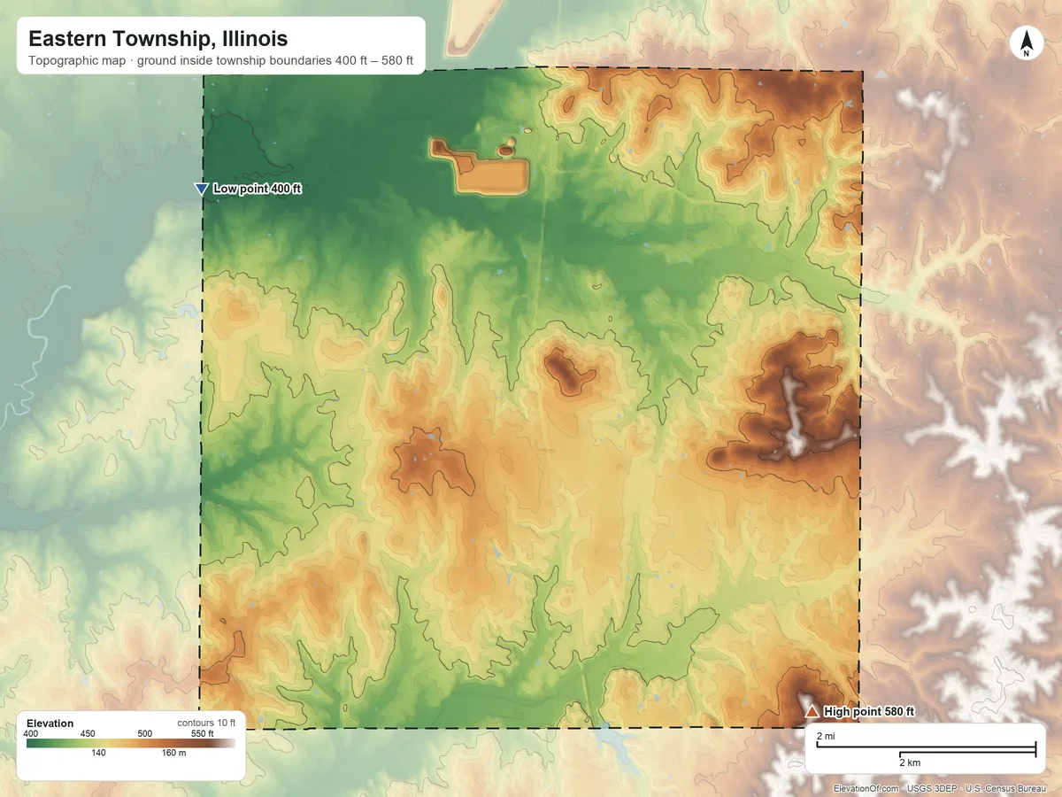 Topographic elevation map of Eastern Township, Illinois, shaded from 400 ft on the northwest side to 580 ft on the southeast side
