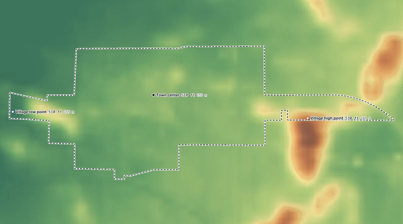 Topographic elevation map of Easton, Illinois, shaded from 510 ft on the west side to 530 ft on the east side