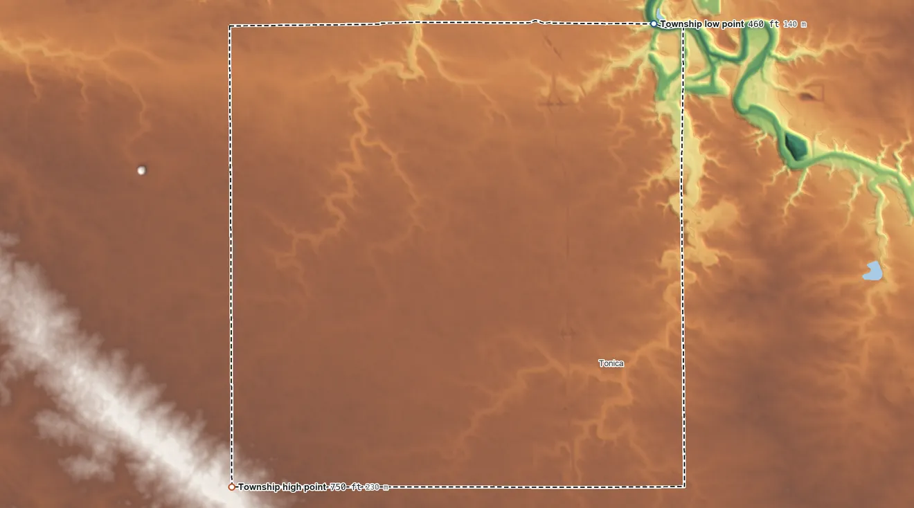 Topographic elevation map of Eden Township, Illinois, shaded from 460 ft on the north side to 750 ft on the southwest side