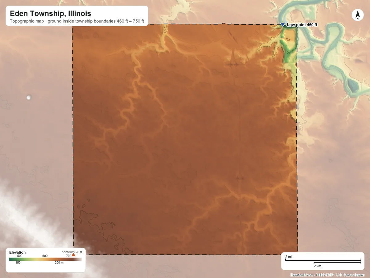 Topographic elevation map of Eden Township, Illinois, shaded from 460 ft on the north side to 750 ft on the southwest side