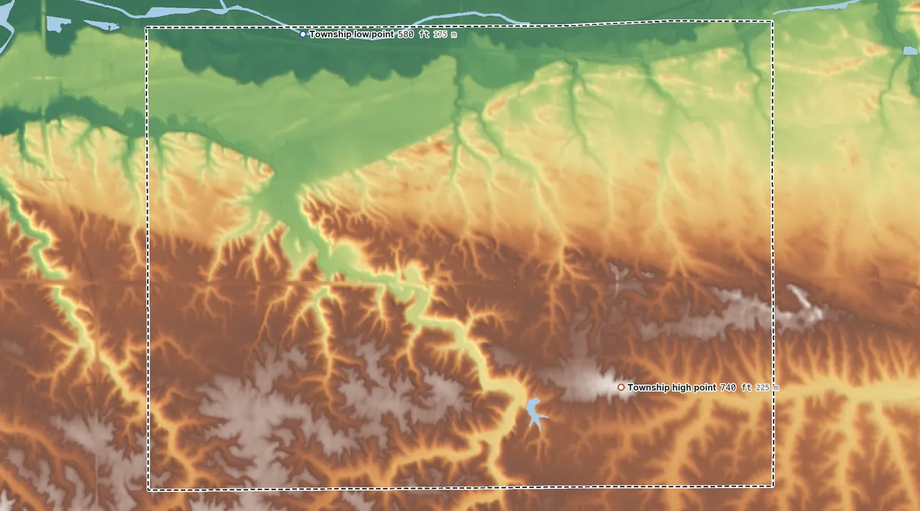 Topographic elevation map of Edford Township, Illinois, shaded from 580 ft on the northwest side to 740 ft on the southeast side